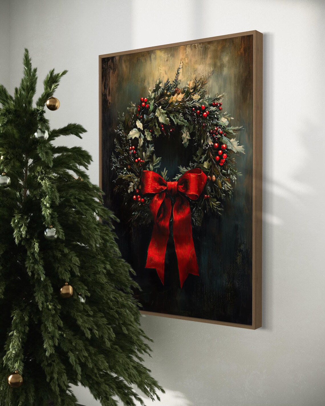 Vintage Christmas Wreath, Rustic Holiday Art Print - Image 2