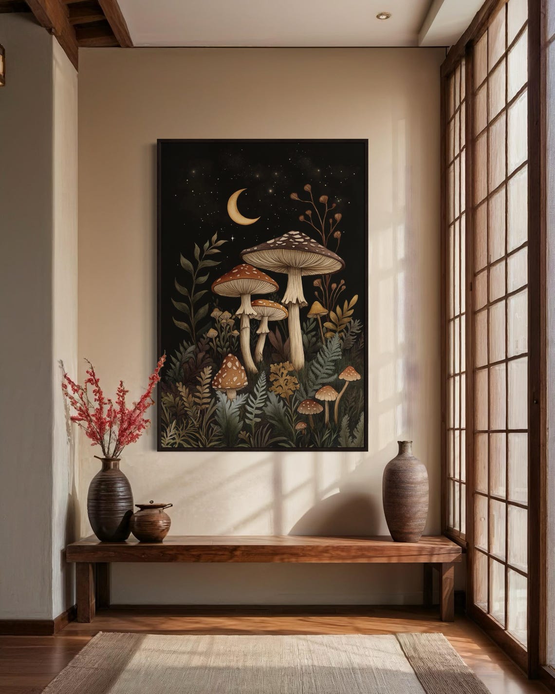 Mystical Mushroom Crescent Moon Starry Night Enchanting Poster - Image 5