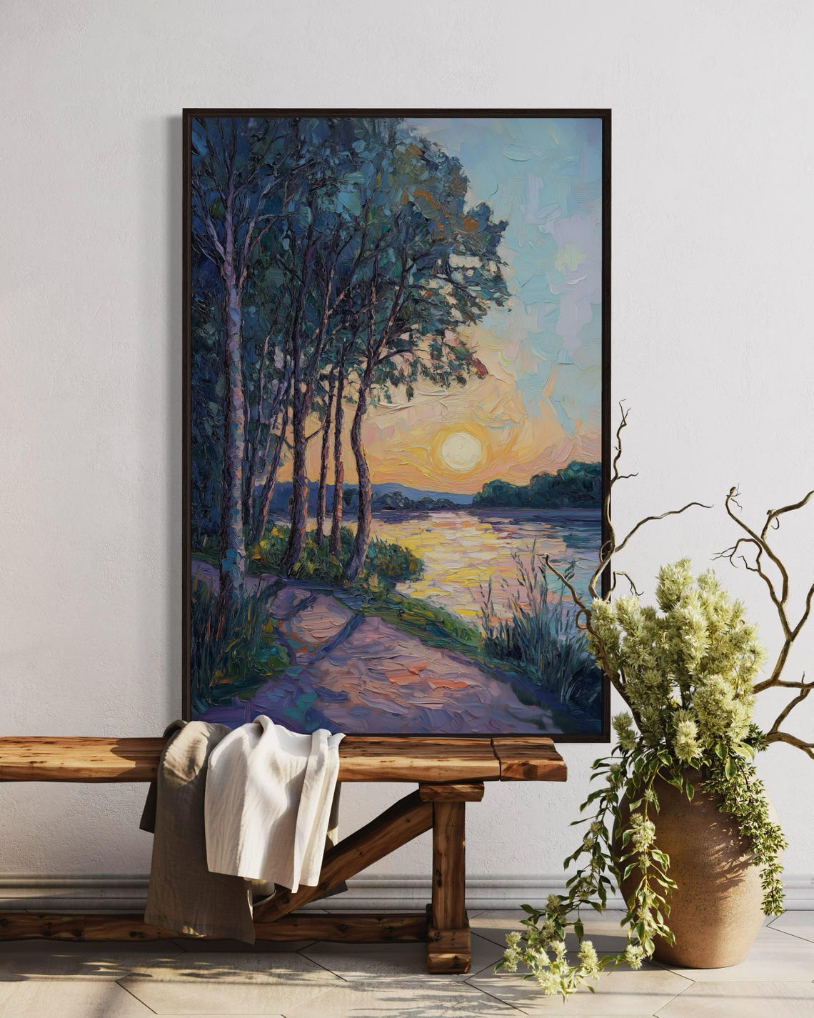 Lakeside Sunset Impressionist Golden Water Birch Trees Path Art Poster - Image 2