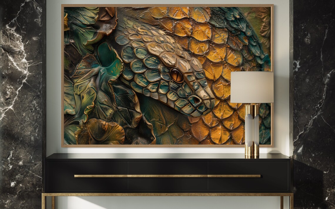 Golden Black Snake Serpent Scale Metallic Luxury Animal Wall Art Poster
