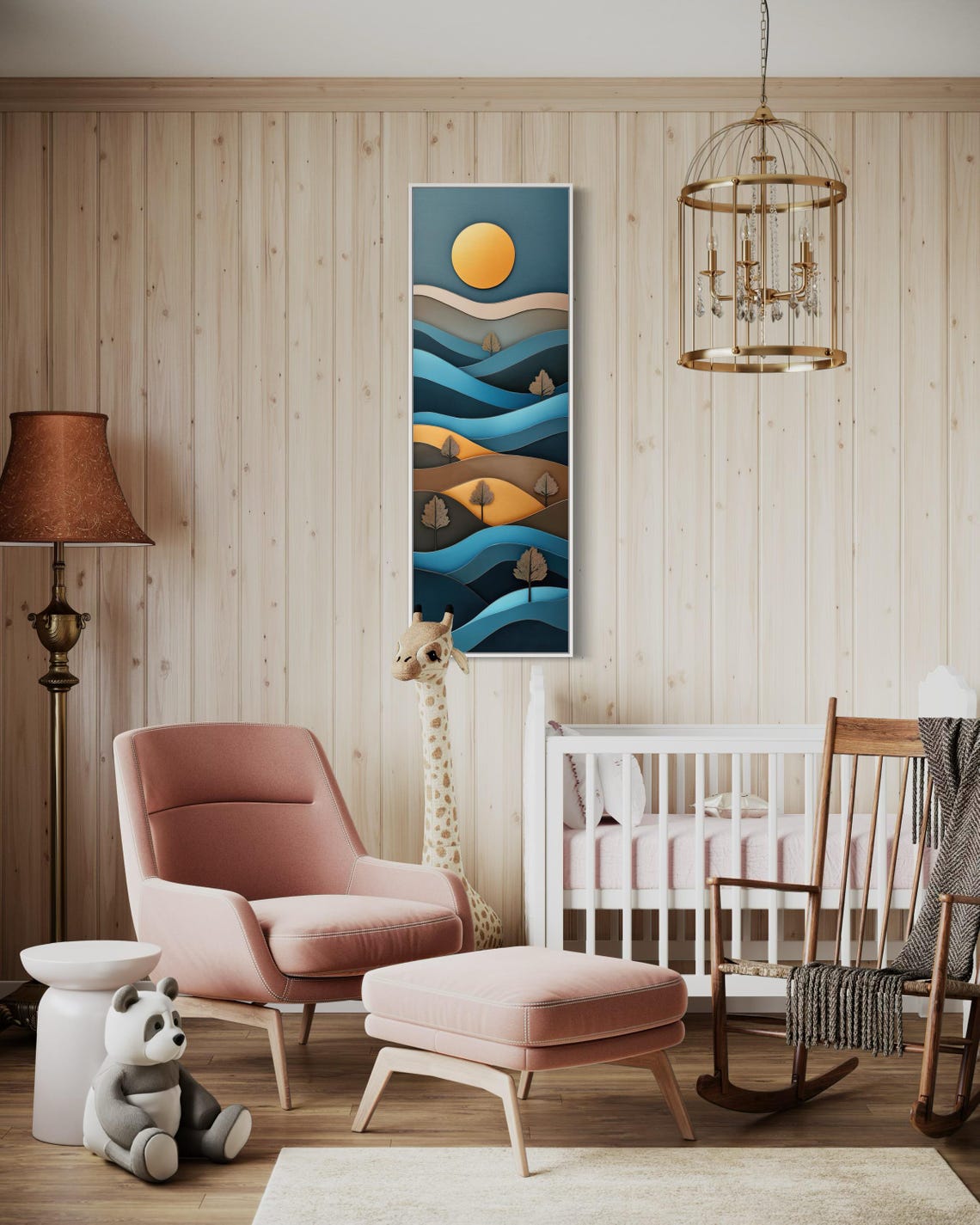 Layered Style Landscape Art Moody Tall Vertical Print With Golden Sun And Blue Tones Perfect For Rustic House Decor - Image 3