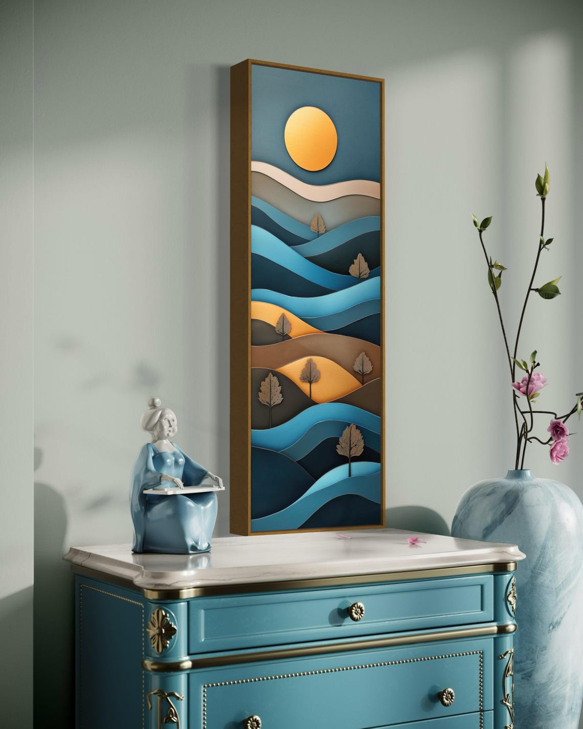 Layered Style Landscape Art Moody Tall Vertical Print With Golden Sun And Blue Tones Perfect For Rustic House Decor - Image 4
