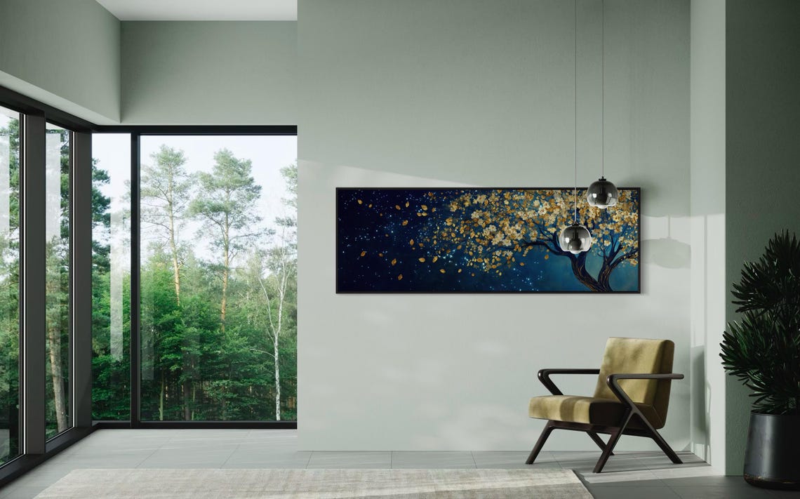 Blossom Golden Tree Art Moody Panoramic Print With White Blossoms On Dark Blue Background Perfect For Above Couch Decor - Image 2