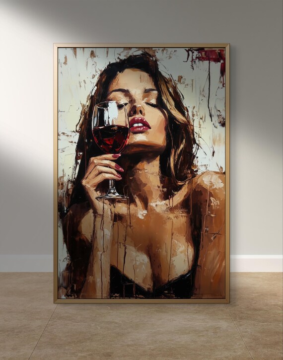 Glamorous Woman Savoring Red Wine Bold Brushstroke Modern Bar Wall Poster