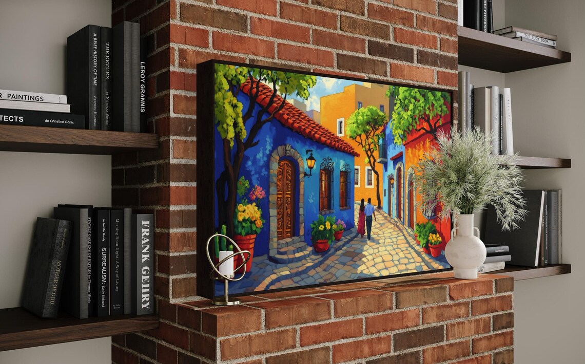 Colorful Mexican Street Old Town Couple Cobblestone Alley Poster - Image 2