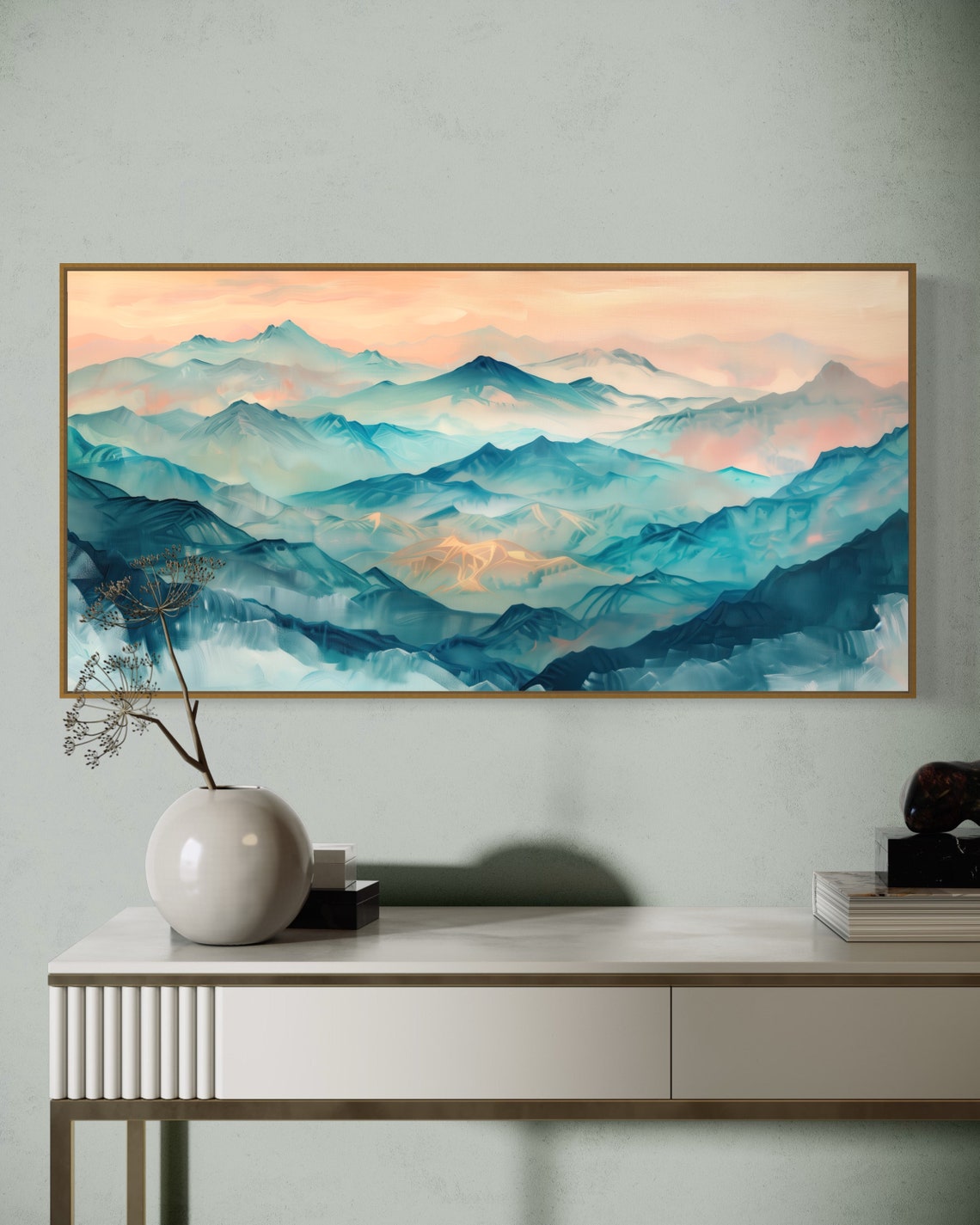 Misty Blue Mountain Peaks Peach Dawn Sky Layered Panoramic Poster