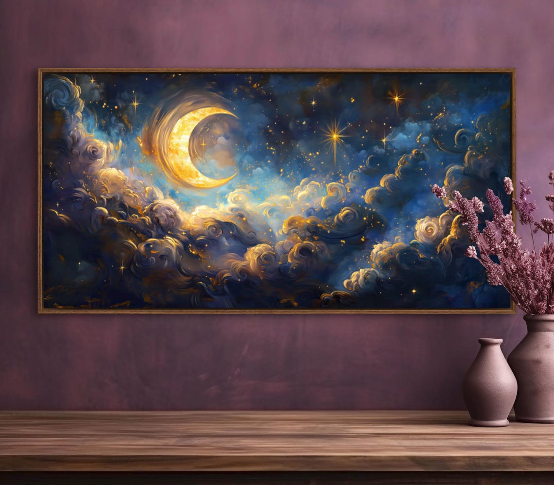 Dreamy Celestial Crescent Moon Wall Art Panoramic Starry Night With Golden Stars Mystical Clouds And Cosmic Inspired Art - Image 3