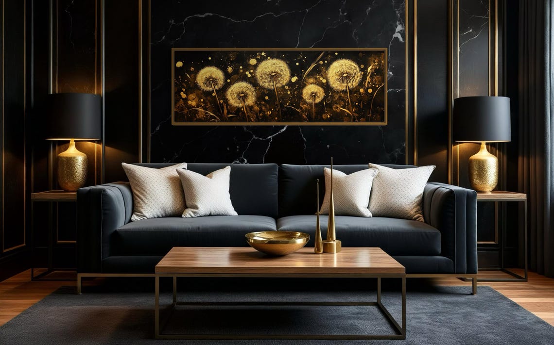 Golden Dandelion Seed Heads Black Background Elegant Panoramic Poster - Image 4