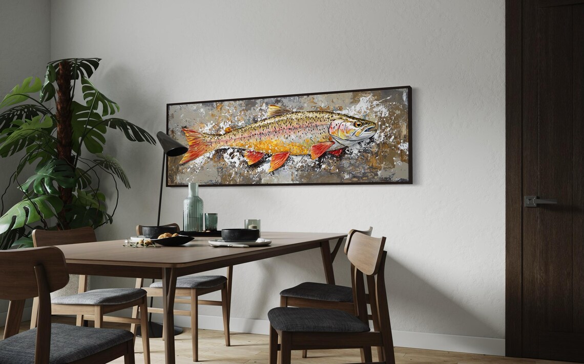 Golden Rainbow Trout Fish Painting Rustic Fishing Lodge Wildlife Wall Poster - Image 3