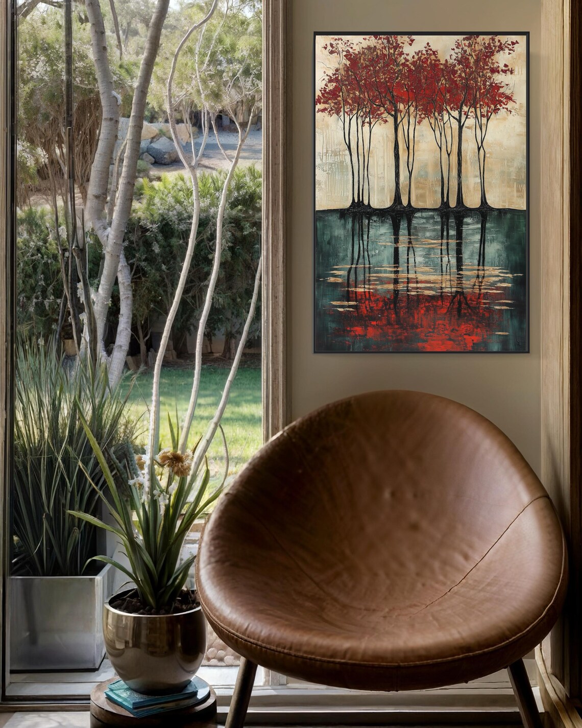 Modern Red Tree Wall Art Abstract Forest Scene Print With Reflection And Vivid Colors Elegant Autumnal Decor For Luxury Home Spaces - Image 4