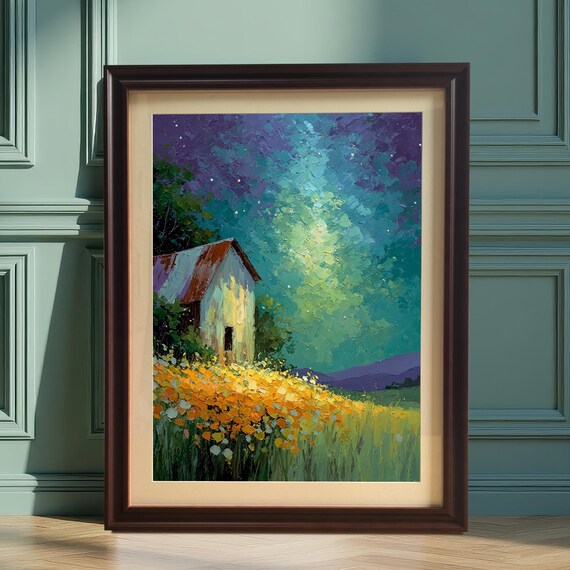 Starry Night Barn Art Print Impressionist Scenery Wood Framed Wall Decor