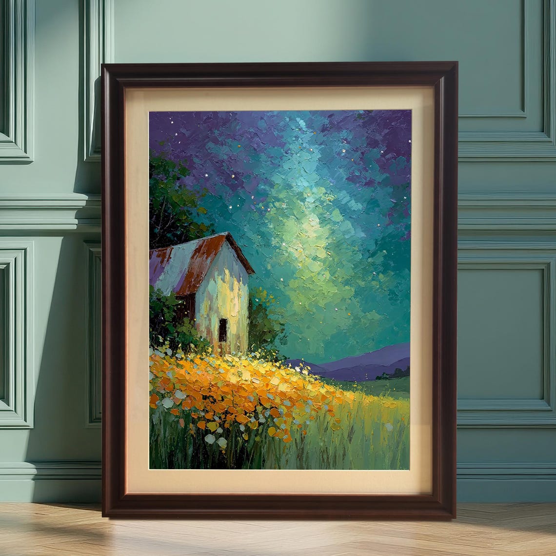 Rustic Farmhouse Among Wildflowers Under Starry Night Sky Poster