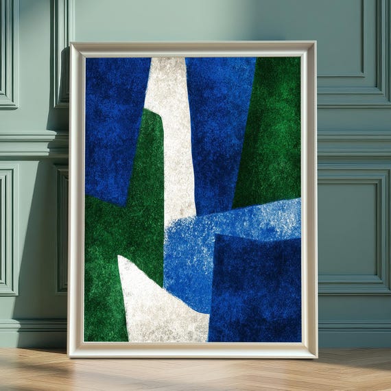 Dynamic Abstract Framed Wall Art Print Blue Green White Modern