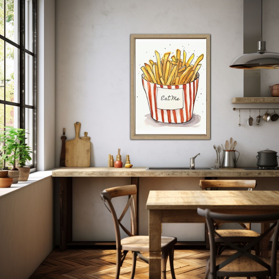 Watercolor French Fries In A Striped Eat Me Bucket Kitchen Poster