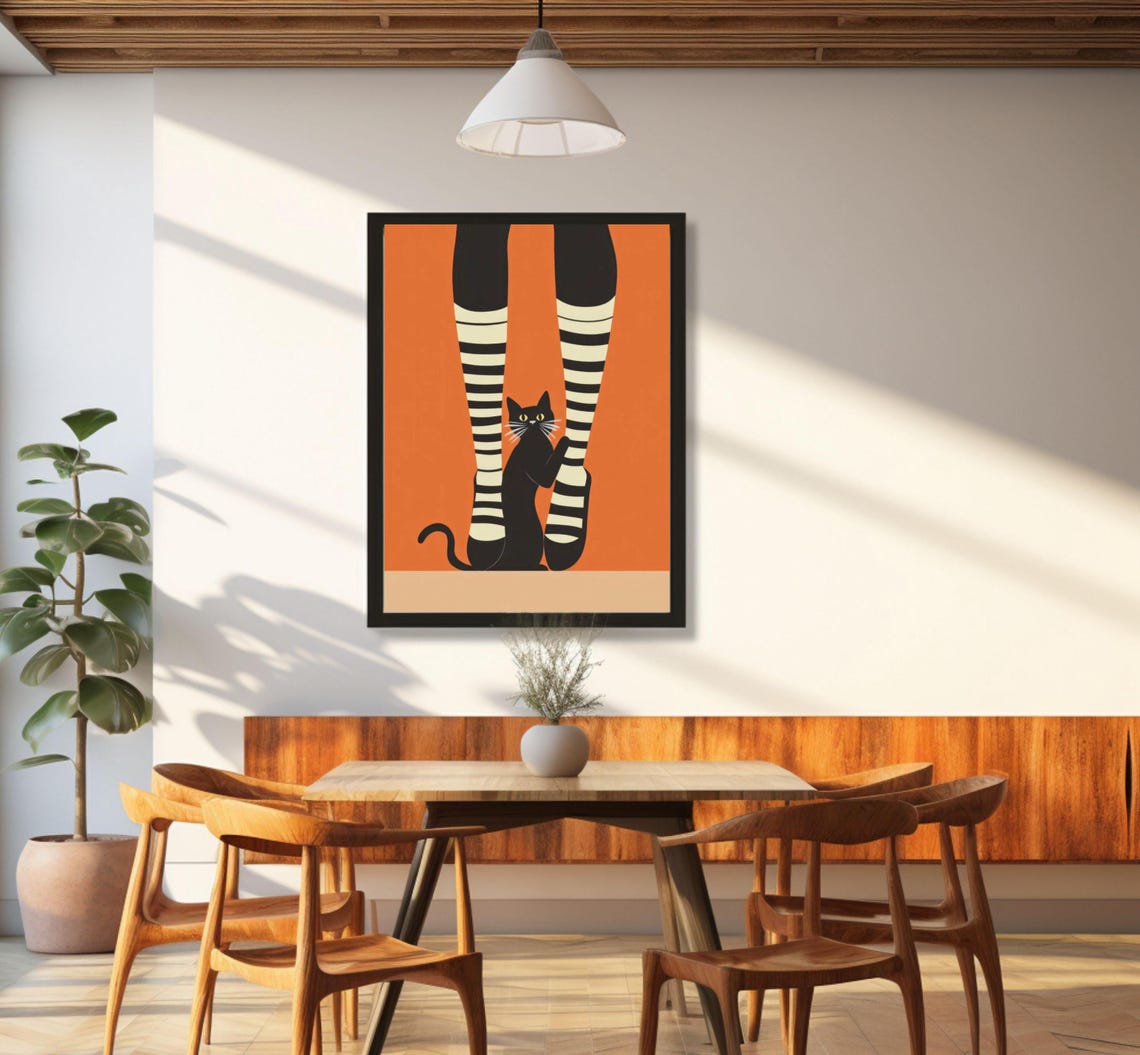 Black Cat Pawing Striped Stockings Retro Orange Funny Cat Poster