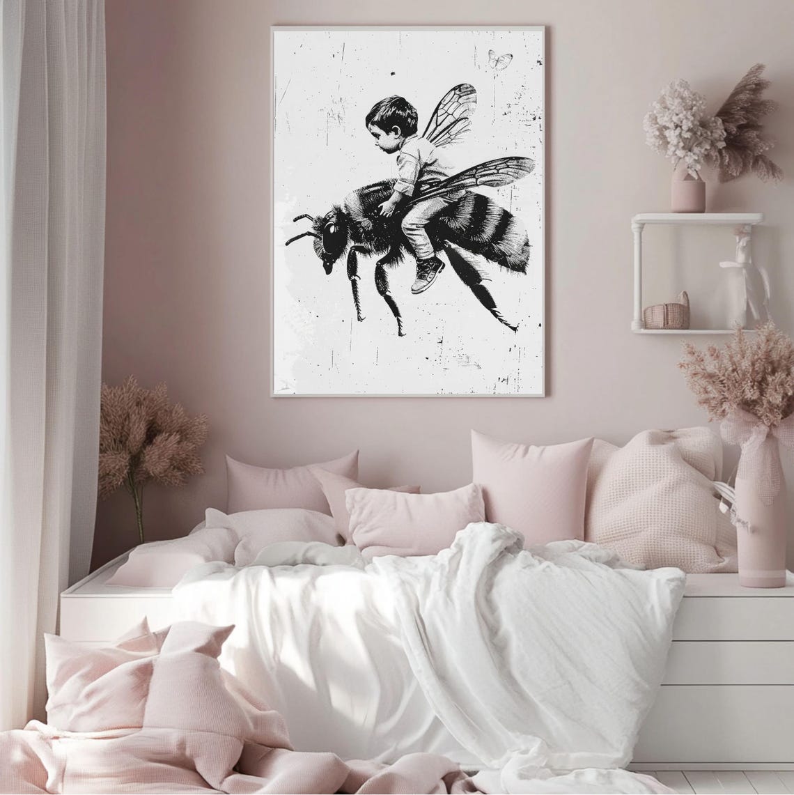 Vintage Boy On A Bee Wall Art Bw Poster Boy Flying On A Bee Print Child Wall Art Cute Poster