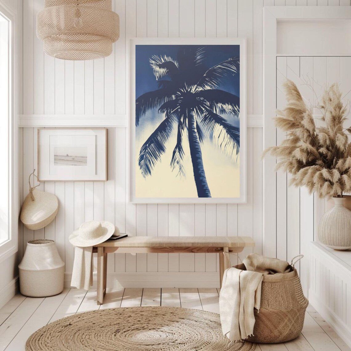 Navy Blue Palm Tree Retro Poster, Coastal Decor