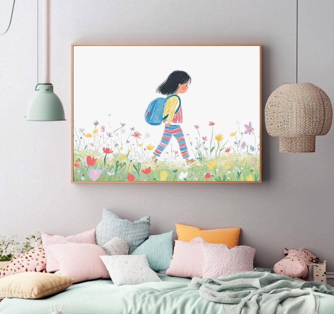 Girl with Backpack Walking Through a Flower Field Art Poster