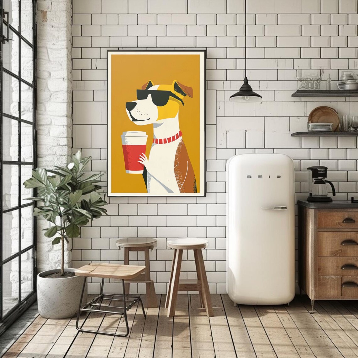 Coffee Dog Retro Illustration, Wall Art Print