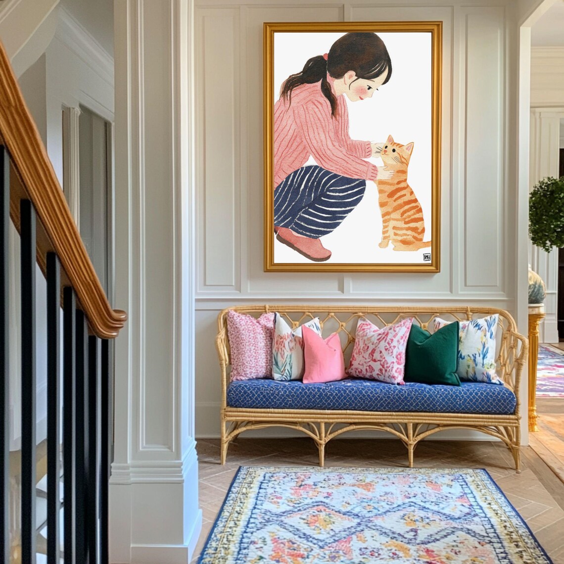 Girl In Pink Sweater With Orange Tabby Cat Watercolor Cute Art Print