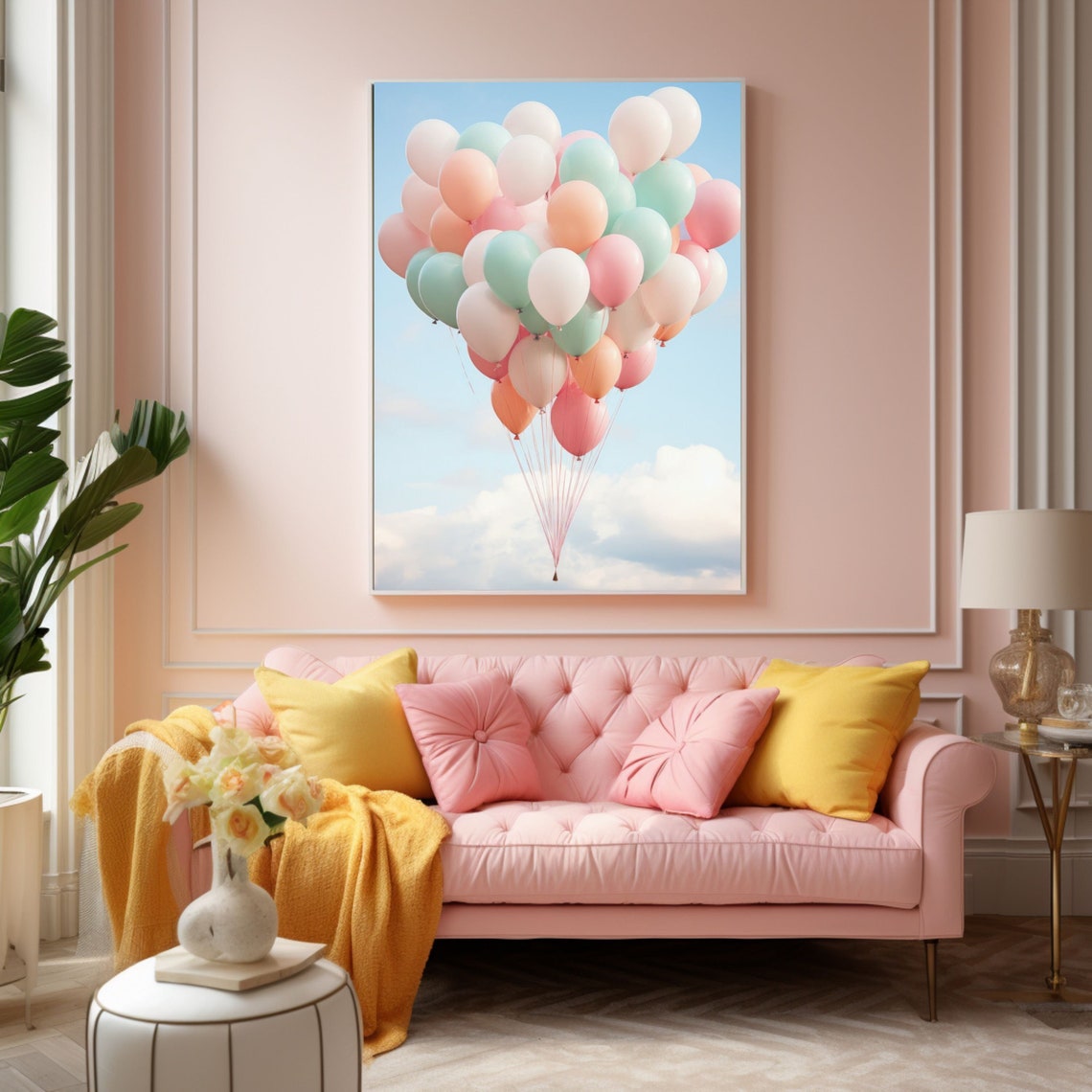 Balloons In The Sky Light Pink Wall Art Pastel Colors Poster