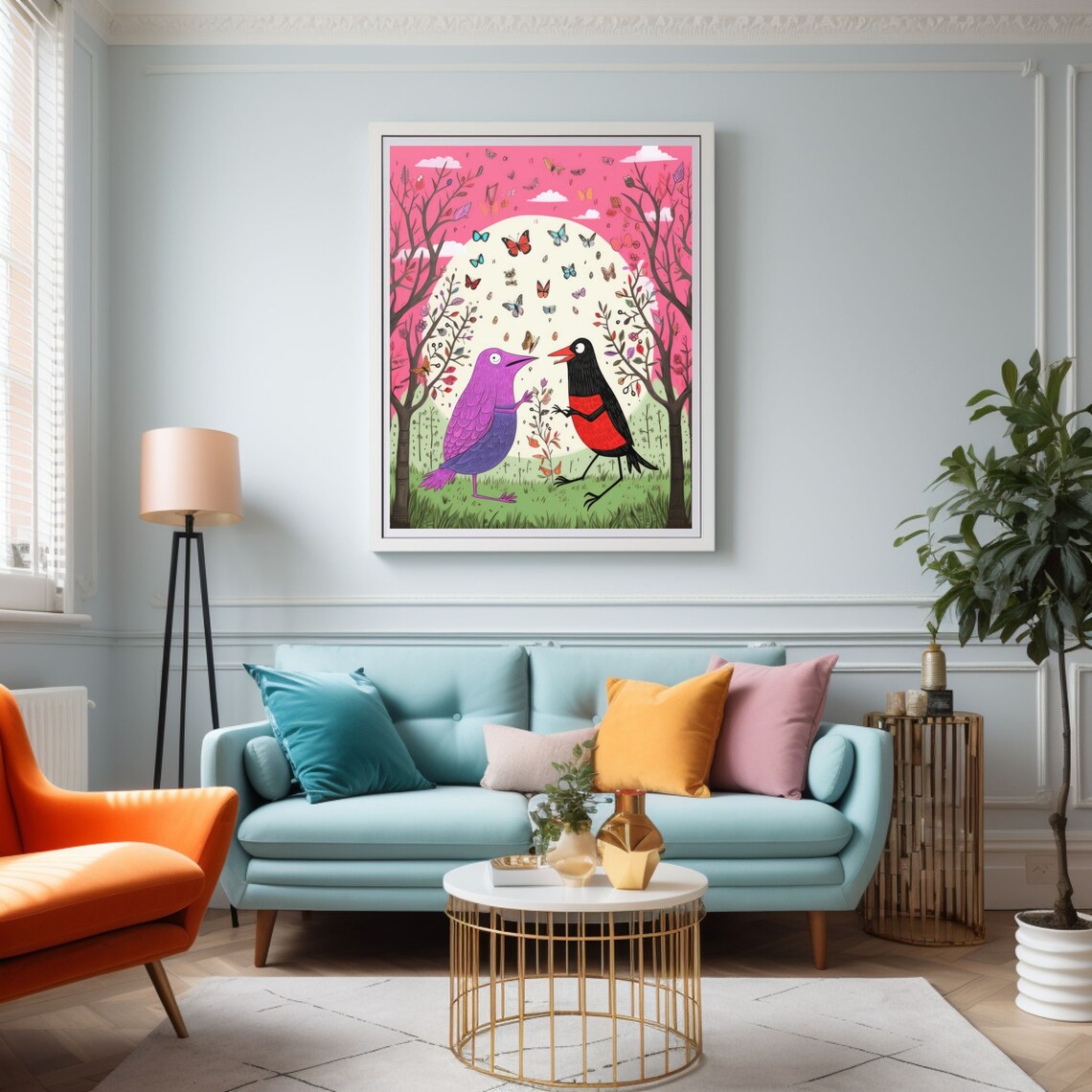 Whimsical Love Birds with Butterflies Valentine Garden Scene Poster