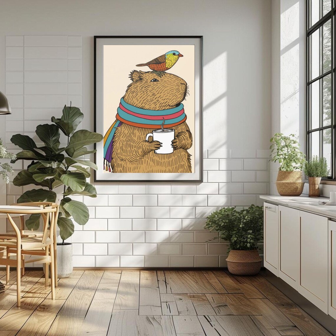 Capybara Coffee Poster, Cute Animal Art Print