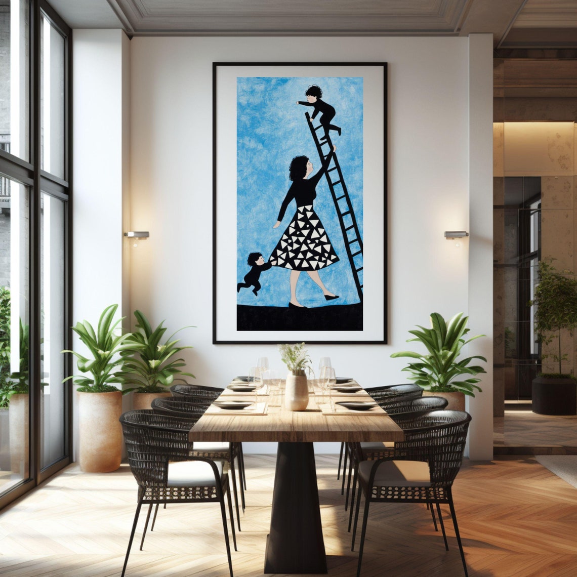 Devoted Mother Climbing a Ladder With Her Two Children Art Poster