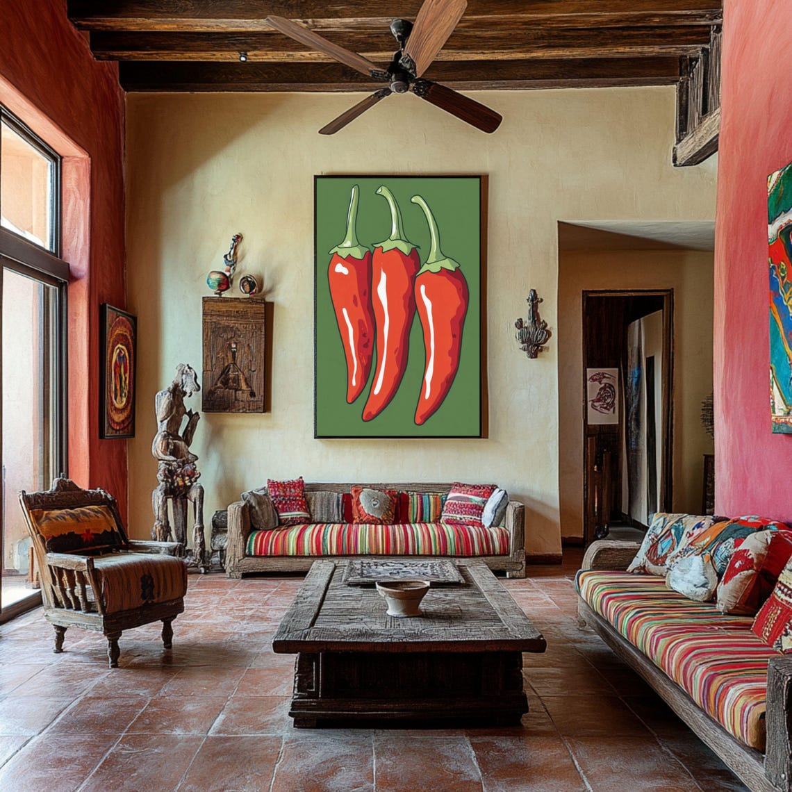 Three Red Chili Peppers On Deep Green Modern Kitchen Wall Poster