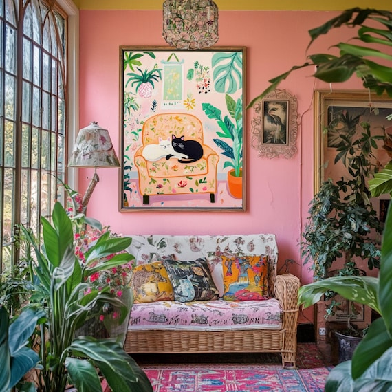 Two Sleeping Cats on Floral Armchair Colorful Tropical Plant Poster