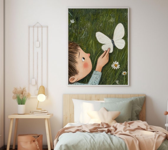 A Boy And A White Butterfly Oil Painting Reproduction Print Childrens Room Decor Nature Art Gift For Kids Playroom Wall Art