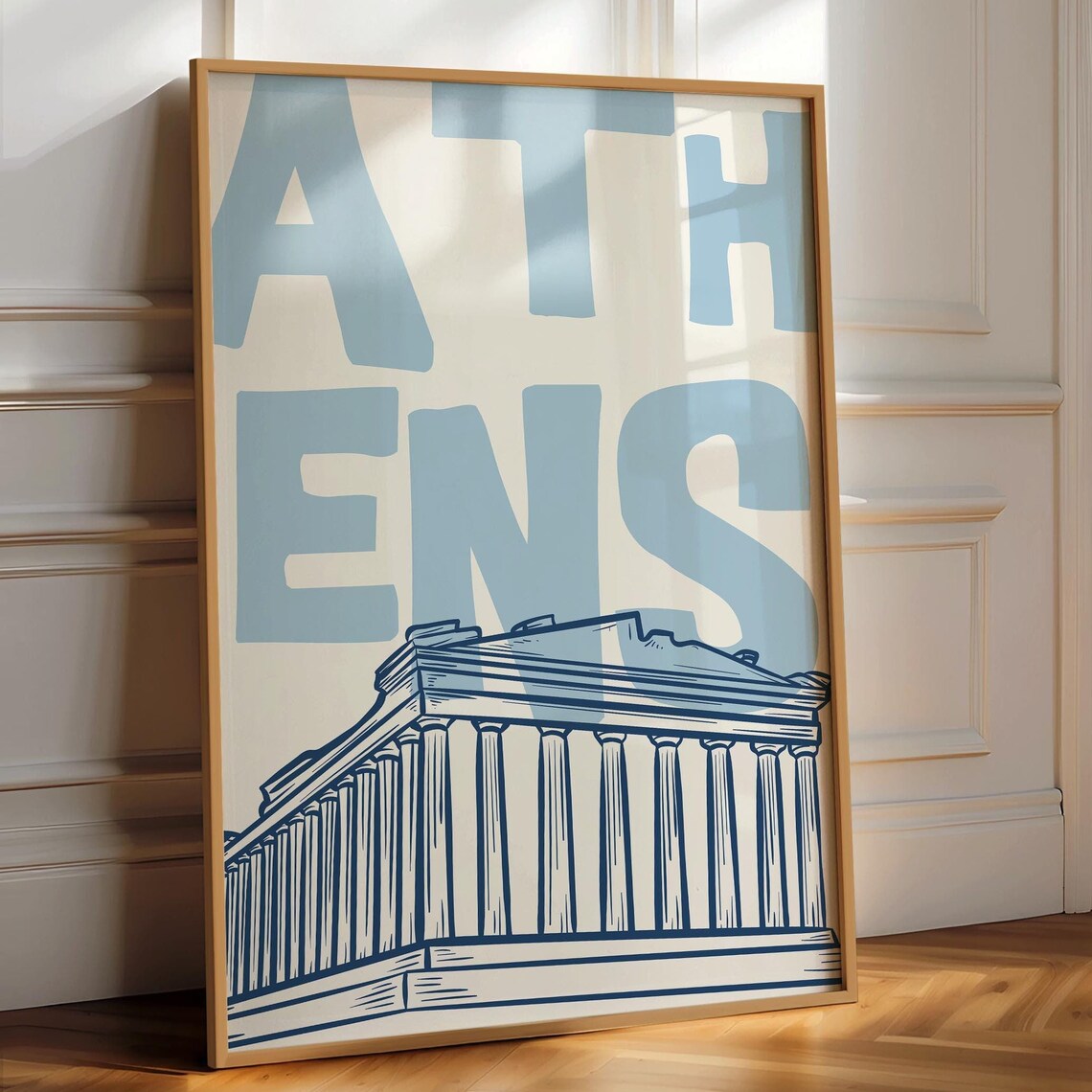 Athens Greece Parthenon Typography Blue Minimalist Travel Poster