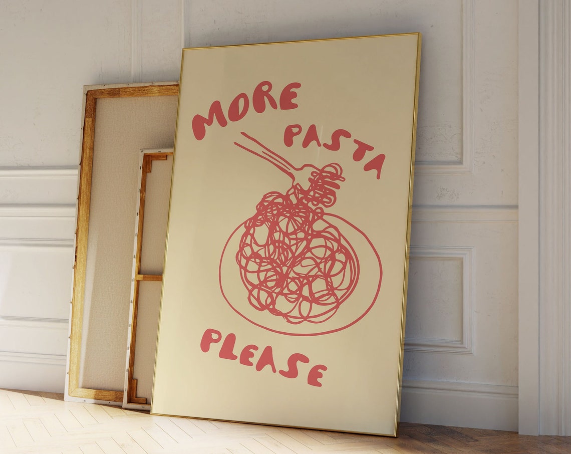 More Pasta Please Red Scribbled Spaghetti Fork Cream Kitchen Poster