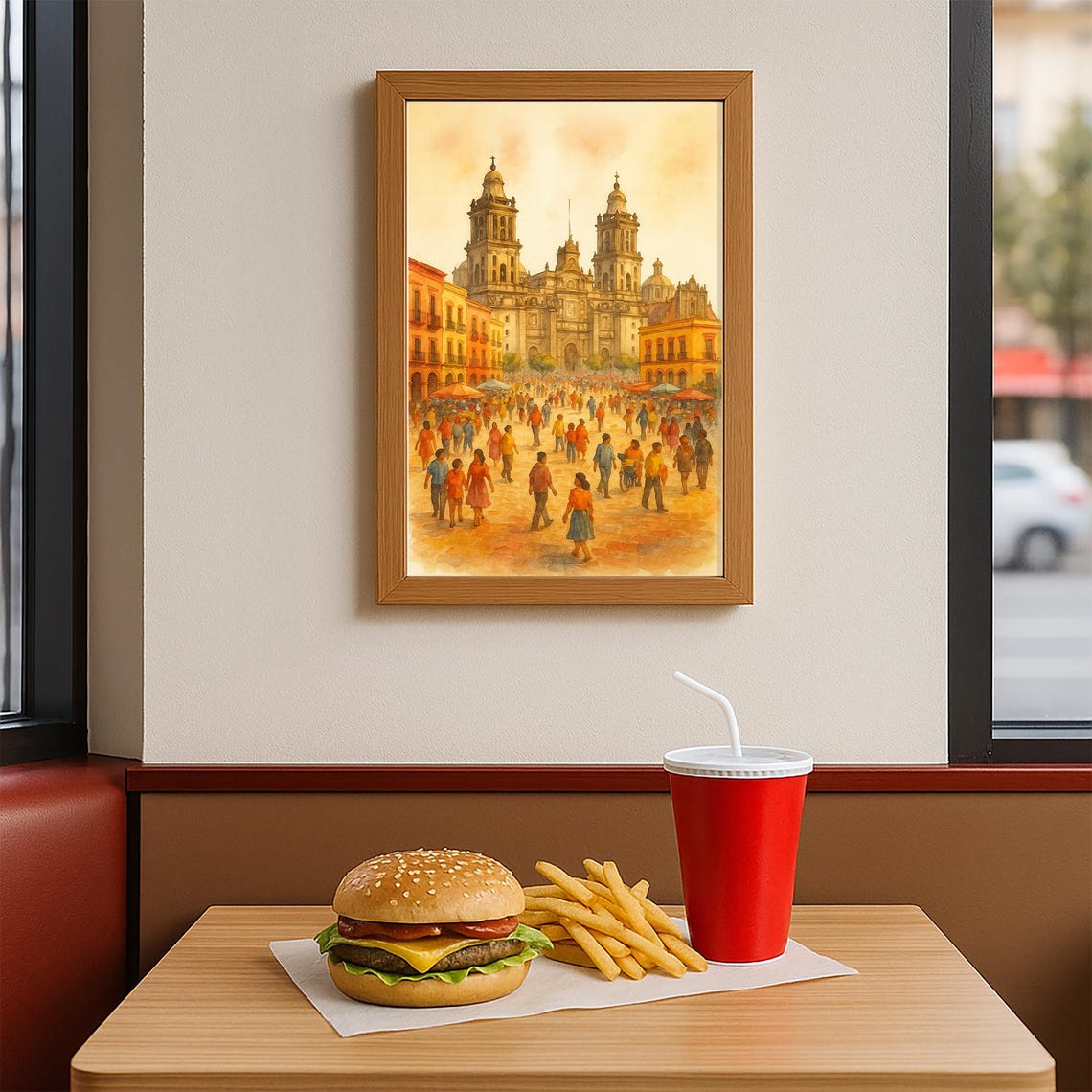 Watercolor Painting Of Mexico City Zcalo Historic Cathedral Plaza Urban Street Market Scene Vibrant Latin Wall Art Print - Image 3