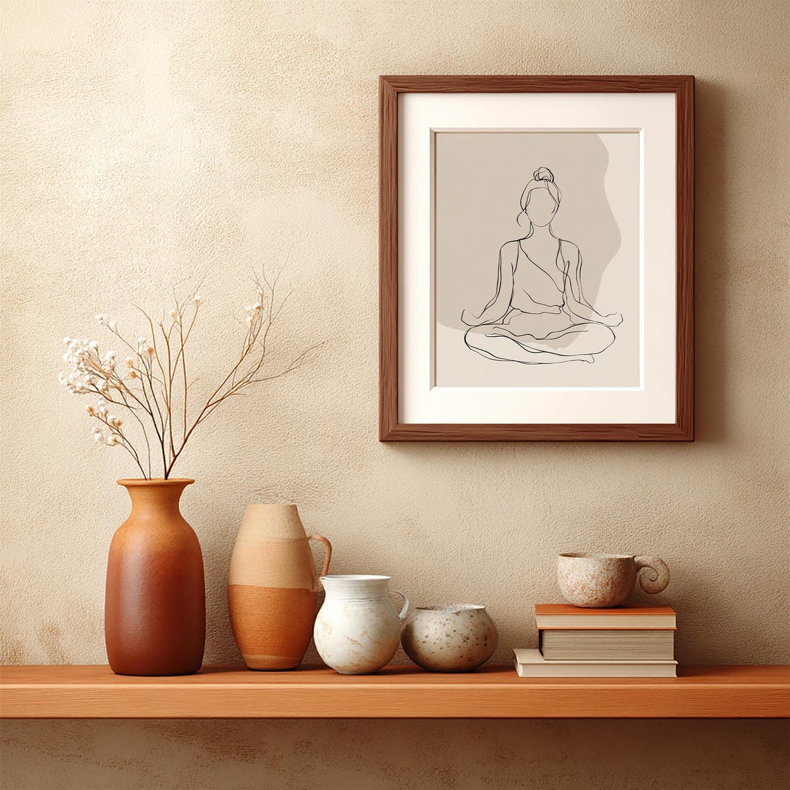 Minimalist Yoga Woman Line Art Meditation Neutral Beige Poster - Image 2