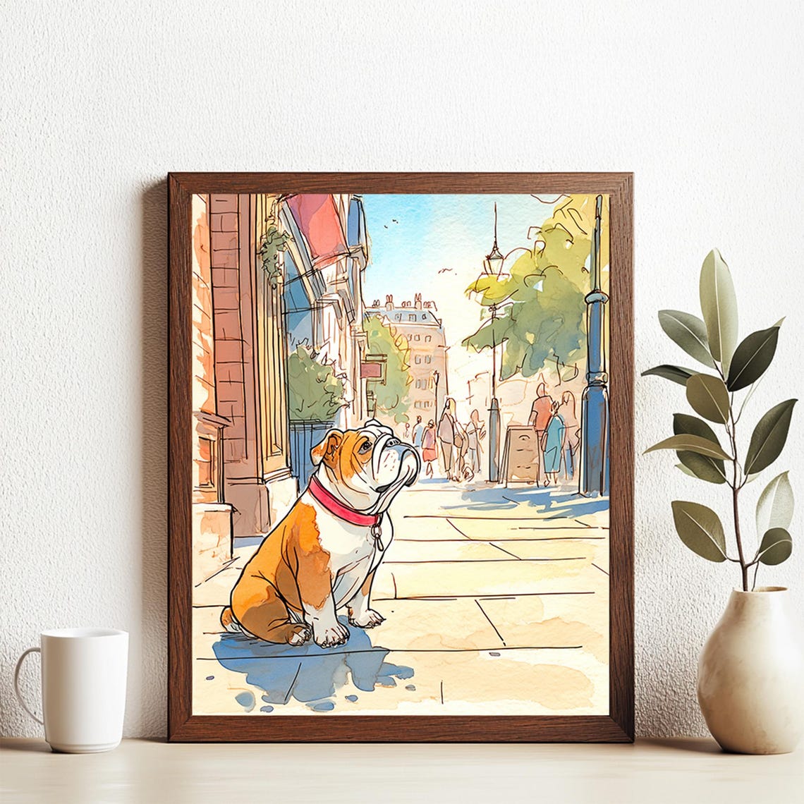 English Bulldog Resting on Sunny City Sidewalk Watercolor Poster