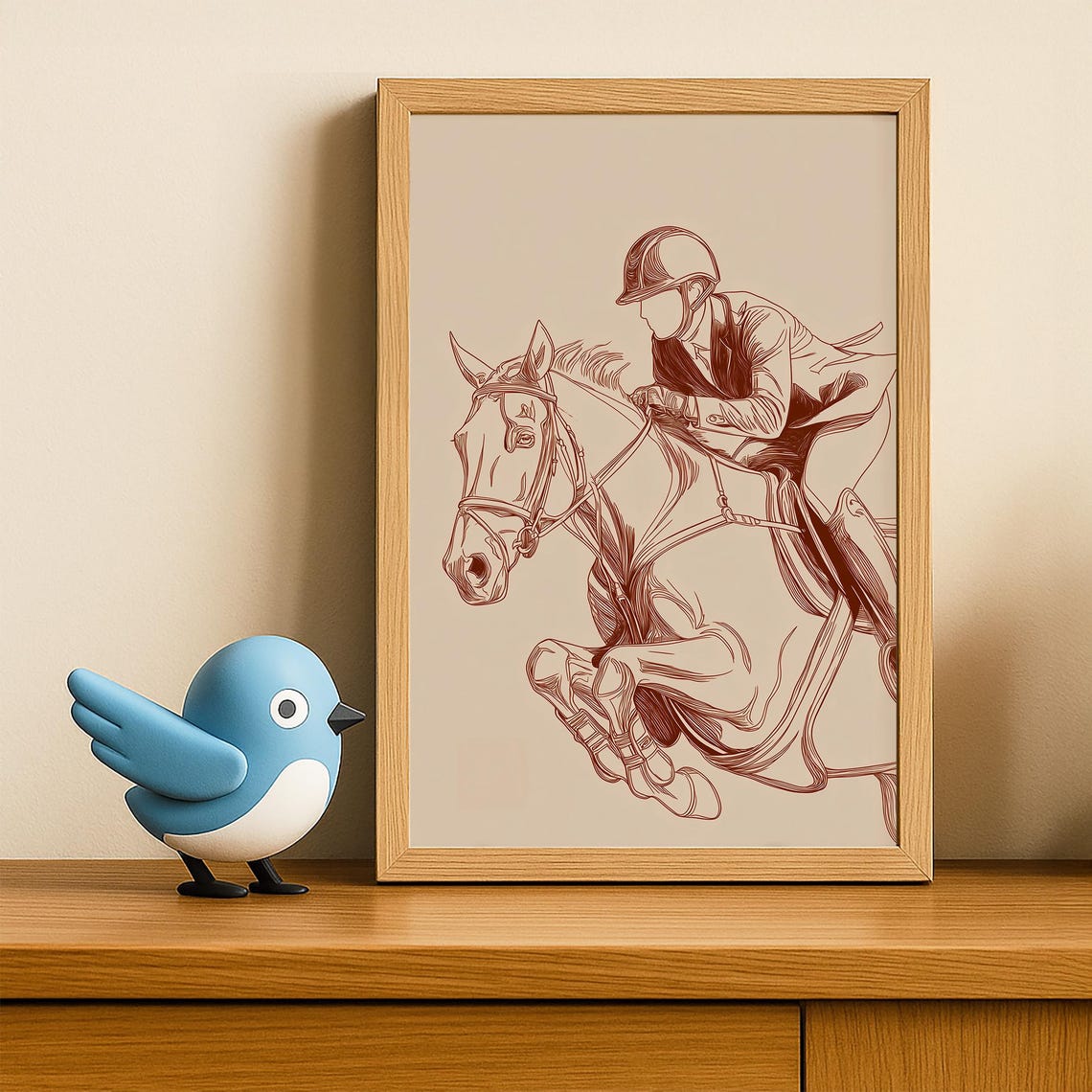 Equestrian Horse Jumping Sepia Sketch Line Drawing Sports Poster