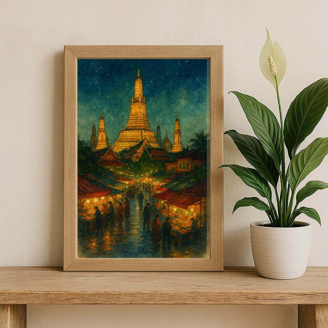 Bangkok Wat Arun Night Market Glowing Temple Watercolor Poster - Image 3
