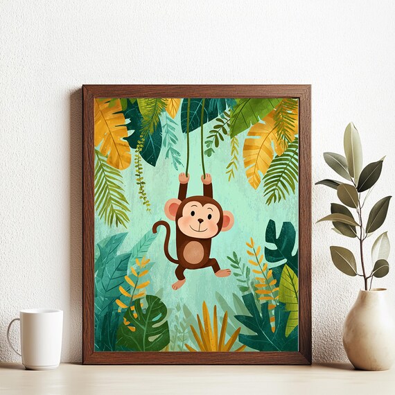 Cute Cartoon Monkey Swinging in a Tropical Jungle Nursery Poster