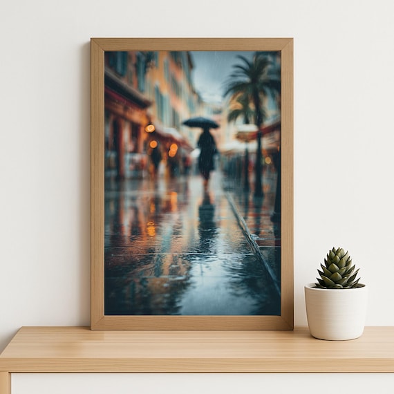 Rainy City Street Umbrella Figure Wet Reflections Photography Poster