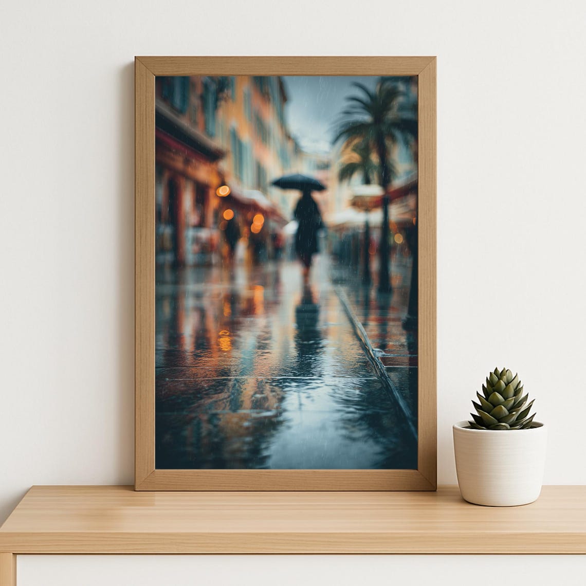 Rainy City Street Umbrella Figure Wet Reflections Photography Poster