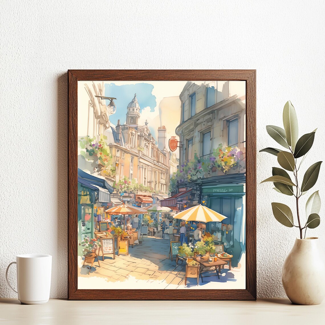 Charming London Market Street With Parasols and Flower Stalls Poster
