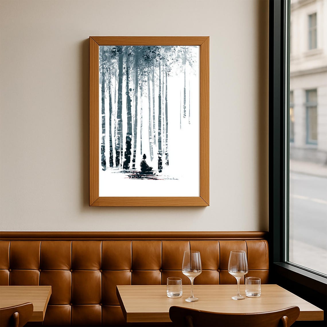 Meditating Figure Bamboo Forest Ink Wash Zen Minimalist Poster - Image 2