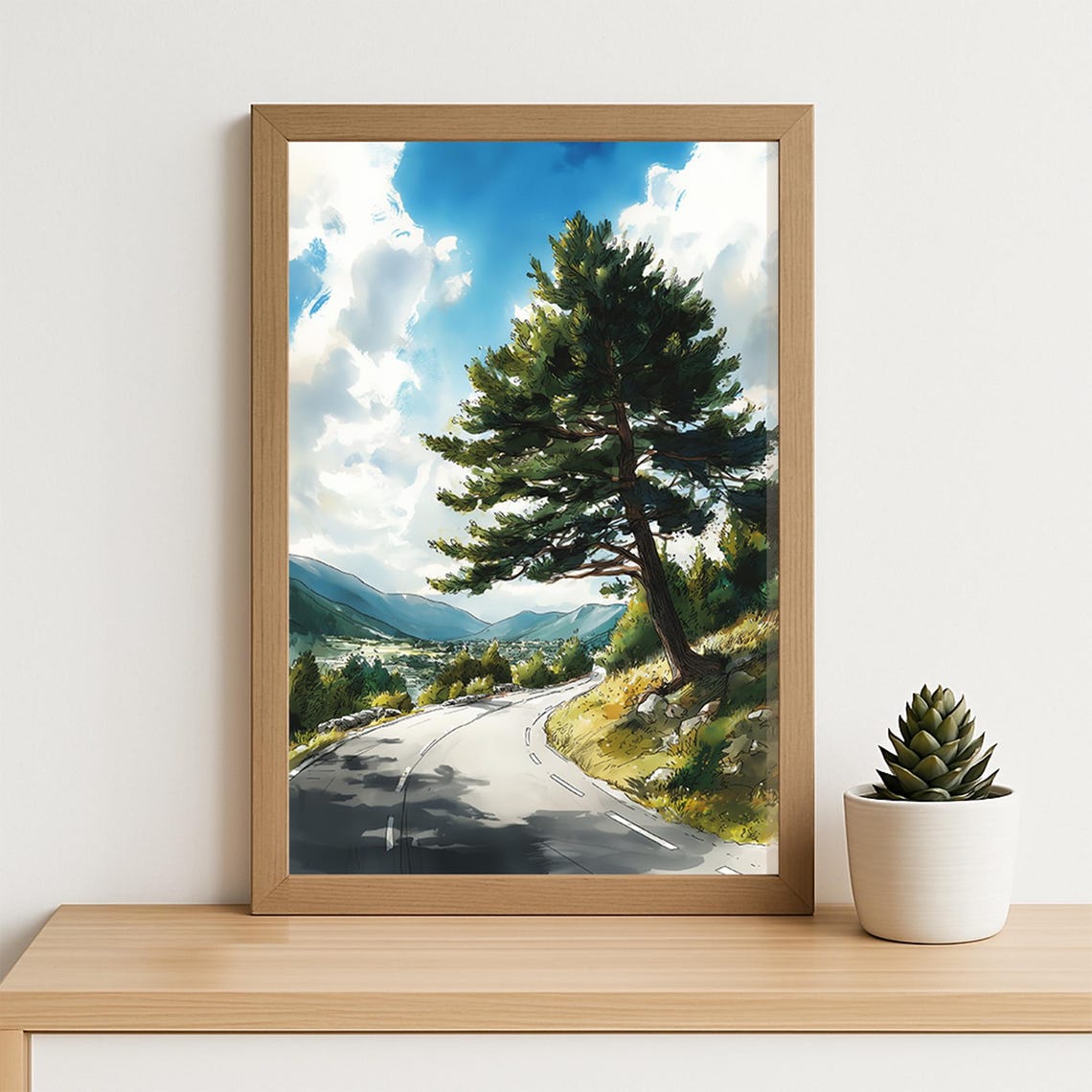 Scenic Mountain Road Pine Tree Valley Watercolor Nature Wall Art