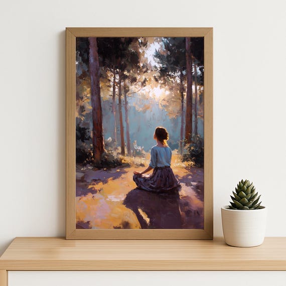 Forest Meditation Oil Painting Print Peaceful Mindfulness Wall Art Spiritual Nature Artwork Calm Boho Decor