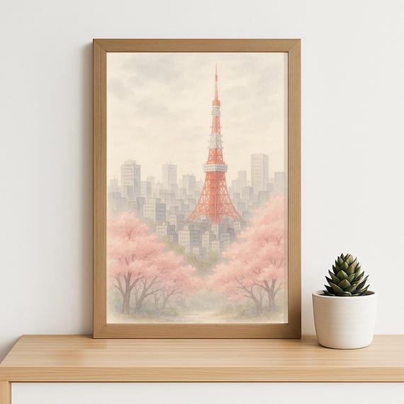 Tokyo Tower Watercolor Print Cherry Blossom Spring Wall Art Soft Japan Cityscape Poster