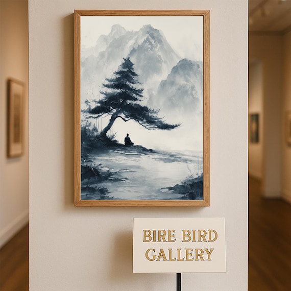 Zen Pine Tree Misty Lake Mountains Ink Wash Meditation Art Poster