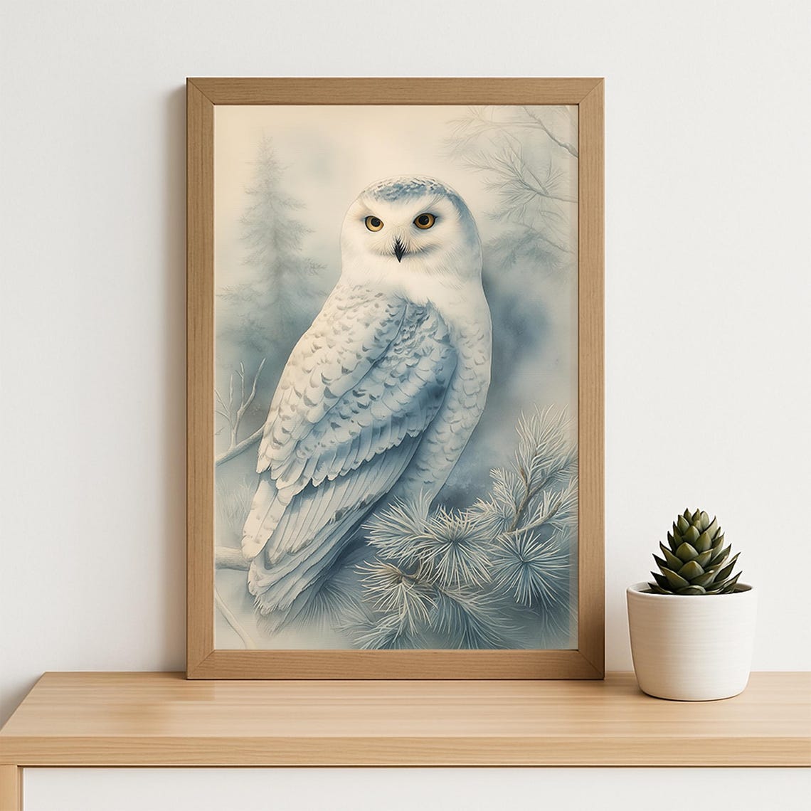 Snowy Owl In Winter Pines Soft Blue Watercolor Majestic Bird Poster - Image 5