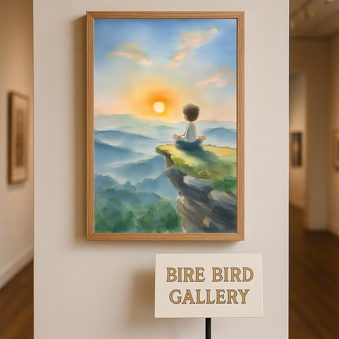 Boy Meditating Sunrise Cliff Misty Mountains Watercolor Poster