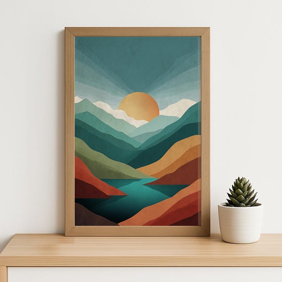 Abstract Mountain Sunset Wall Art Minimalist Geometric Landscape Poster Retro Color Nature Decor For Modern Homes